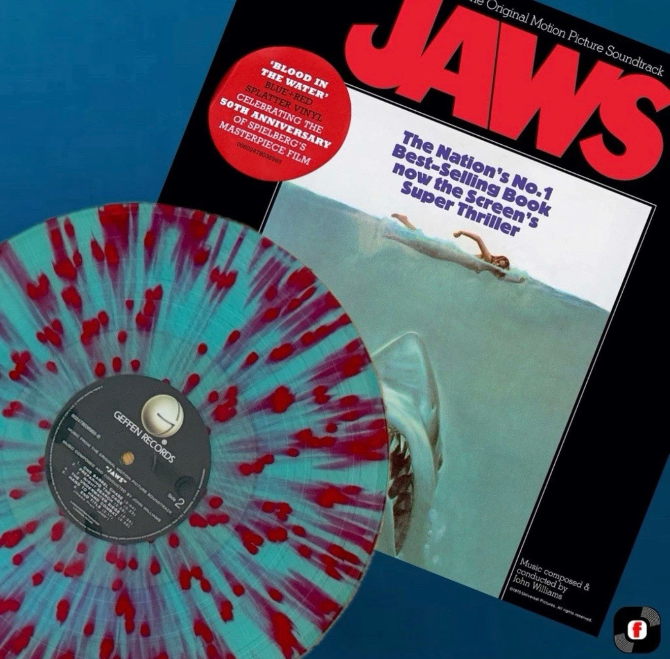 JOHN WILLIAMS JAWS 50TH ANNIVERSARY BLOOD IN THE WATER BLUE RED SPLATTER VINYL